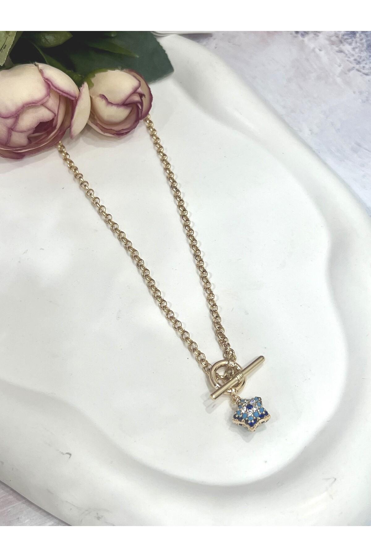 T Bar Kilitli Yıldız Detaylı Nazar Boncuklu Kadın Kolye (18k RoseGold - 45cm) - Görsel 6