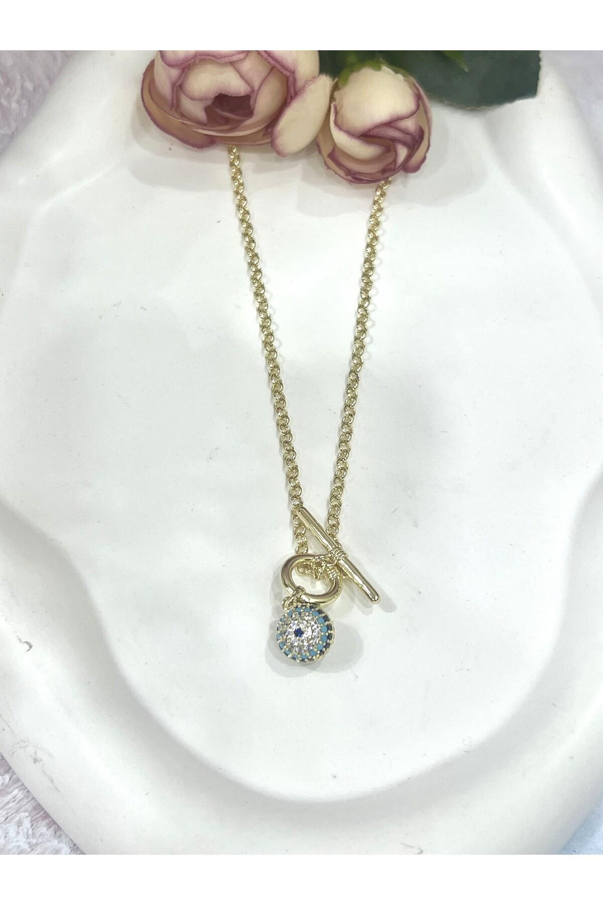 Minimal Yuvarlak Nazar Figürlü Gold Renk Kadın Kolye (14k Gold - 45cm) - Görsel 3