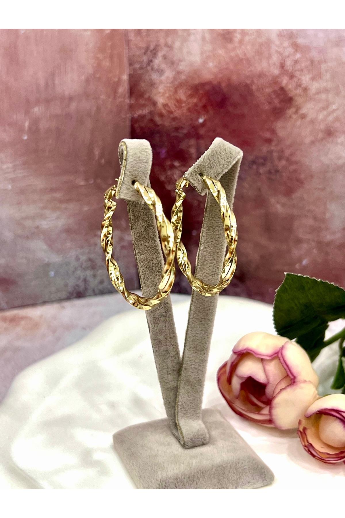 Işıltılı İtalyan Model Sarmal Halka Küpe (14k Gold 4*4cm)