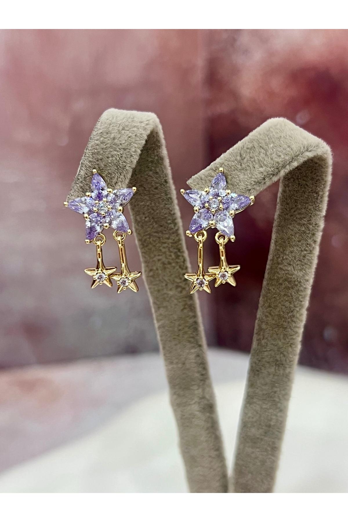 Kutup Yıldızı Serisi: Mor Taşlı Sallantılı Gold Küpe(14k Gold 2/1,2cm)