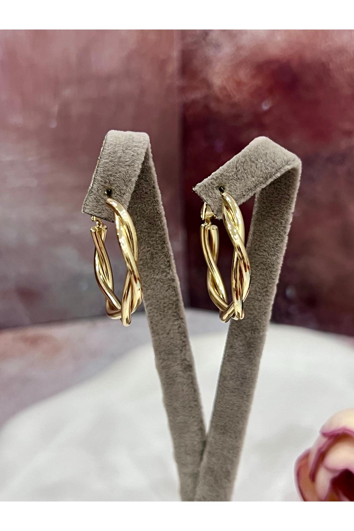 İç İçe Geçmiş Burgu Model Modern Halka Küpe (14K GOLD/3X3CM)