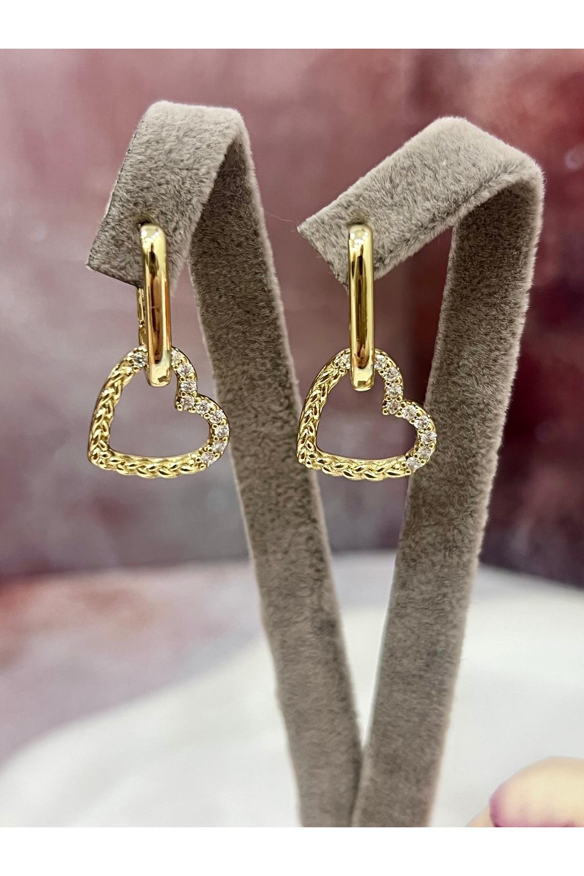 Sevgililer Günü Hediyesi Taşlı Kalp Figürlü Gold Küpe (14k Gold 2,5/1,5cm)